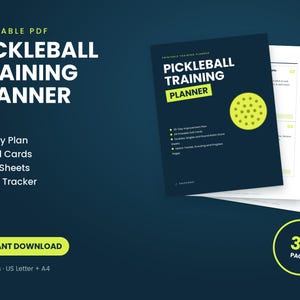 May include: A printable PDF pickleball training planner featuring a dark blue cover with white text and a lime green pickleball graphic. The planner includes a 30-day plan, 24 drill cards, score sheets, and a match tracker, totaling 30 pages in US Letter size.