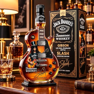 Könnte beinhalten: Eine Jack Daniel's Tennessee Whiskey-Flasche in Form einer Gibson Les Paul-Gitarre mit einer Grafik von Slash, dem Text "Slash Signature Edition" und "Rock N' Roll Legend". Die Flasche steht neben ihrer schwarz-goldenen Verpackung.