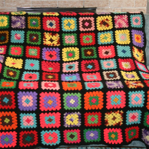Vintage Granny Afghan Crochet Squares Wool and Cotton Blend 1970s Beautiful