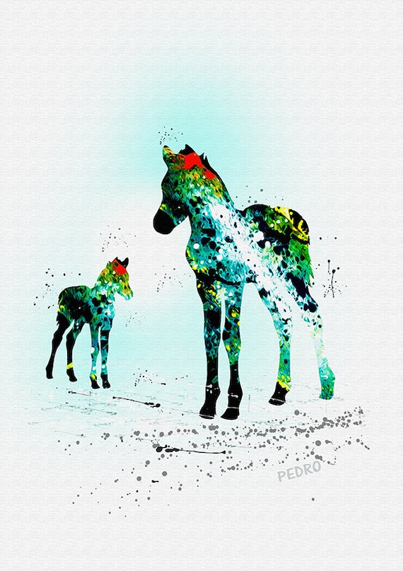 Watercolor Splash Equestrian Art Print Foal Mother and Baby Horse