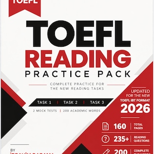 Może przedstawiać: Okładka książki TOEFL Reading Practice Pack z geometrycznym wzorem w kolorze białym, czerwonym i czarnym. Tekst zawiera Englishflow TOEFL Reading Practice Pack, Task 1, 2, 3, 2 Mock Tests, 200 Academic Words, Updated for the new TOEFL iBT format 2026, 160 total pages, 235+ reading questions, 200 complete the words items oraz Ibrahim Darama English Language Educator.