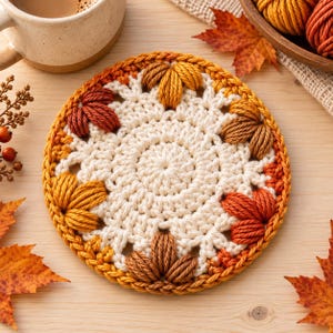 May include: A round crochet coaster featuring a cream-colored center with a circular pattern, surrounded by a border of textured, raised leaf motifs in shades of orange, rust, brown, and golden yellow, crafted with thick yarn.
