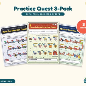 Könnte beinhalten: Ein Practice Quest 3-Pack Digital-Download-Set mit drei thematischen Übungsblättern: Race Car Practice Quest, Farm Friends Practice Quest und All-Star Practice Quest. Jedes Blatt enthält farbenfrohe Illustrationen, Pfade zum Nachverfolgen sowie Felder für Ziele, Instrumentennamen und monatliche Fortschritte.