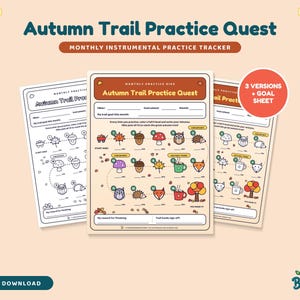 Puede incluir: Tres hojas de seguimiento de práctica imprimibles tituladas Autumn Trail Practice Quest. Las hojas presentan un camino con ilustraciones de elementos otoñales como bellotas, setas, búhos y zorros, con espacios para anotar minutos y metas.