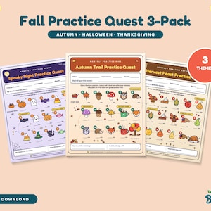 Op de afbeelding: Een 3-pack met printbare oefenbladen genaamd Fall Practice Quest 3-Pack, met thema's als herfst, Halloween en Thanksgiving. Elk blad bevat een tracker met kleurrijke iconen zoals pompoenen, spoken en bladeren om de oefentijd bij te houden.