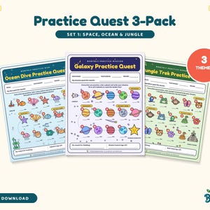 May include: A Practice Quest 3-Pack set featuring three colourful activity sheets titled Ocean Dive, Galaxy Practice Quest, and Jungle Trek. Each sheet includes themed illustrations, spaces for tracking practice goals, and a red 3 Themes badge.