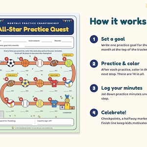 Könnte beinhalten: Ein All-Star Practice Quest Tracker-Blatt für die Monthly Practice Championship mit einem gewundenen Pfad aus 14 nummerierten, sportbezogenen Stationen wie Bällen und Trikots sowie Feldern für Spielerdaten, Ziele und Übungsminuten.