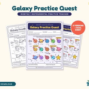 Könnte beinhalten: Ein monatlicher Instrumenten-Übungsplaner Galaxy Practice Quest mit drei Versionen eines druckbaren Blattes. Jedes Blatt enthält Felder für den Namen des Astronauten, das Instrument, den Monat und das Ziel sowie Planeten zum Ausmalen nach Übungszeit.
