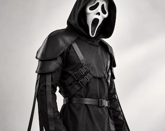 Ghostface-Kostüm für Erwachsene, Scream Halloween Cosplay, schwarzer Kapuzenmantel mit Schulterpanzer, Horror-Kostüm für Männer