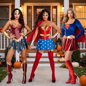 May include: Three costumes featuring superhero themes. The left is a maroon and blue bodice with gold accents and boots. The centre is a red and blue star-patterned corset dress with a red cape and red stockings. The right is a blue long-sleeve top with a red logo, a red skirt, and a red cape.