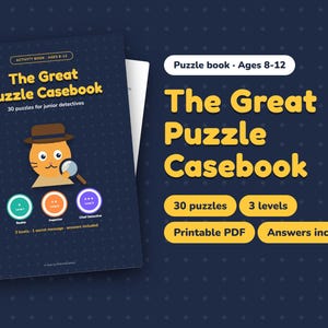 Peut inclure: Le livre d'activités The Great Puzzle Casebook pour les 8-12 ans présente une couverture bleu foncé avec un chat de dessin animé portant un chapeau de détective et une loupe. Le texte indique 30 énigmes, 3 niveaux et les réponses incluses.