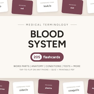 Blodsystemets flashcards, 205 studiekort för hematologi, medicinska terminologikort, interaktiva digitala flashcards med frågesport, utskrivbar PDF, omvårdnad