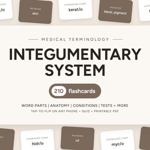 Può includere: Un set di 210 flashcard di terminologia medica per il sistema tegumentario. La carta centrale riporta il titolo e testi su parti di parole, anatomia e test. Le carte circostanti mostrano forme di combinazione e i relativi significati.