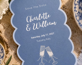 Blue Scalloped Save the Date Template, Editable Canva Wedding Announcement, Tuscan Wedding, Instant Download