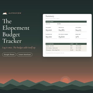Könnte beinhalten: Eine digitale Budget-Tracker-Vorlage für Elopements vor einem dunkelgrünen Hintergrund mit Bergsonnenuntergangsgrafik. Die Benutzeroberfläche zeigt eine Zusammenfassungstabelle mit Finanzdaten, Budgetübersicht und anstehenden Zahlungen.