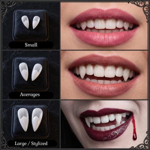 May include: A set of white vampire fangs displayed in three sizes labelled Small, Averages, and Large / Stylized. The fangs are shown on black velvet cushions and worn over natural teeth, with the largest set featuring a red liquid drip effect.