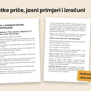 May include: Two white pages of text with the heading Kratke priče, jasni primjeri i izračuni. The left page is titled DIO 1: PROMJENA NAČINA RAZMI&Scaron;LJANJA. The right page includes a yellow box with the text Izračunajte svoj Broj slobode.