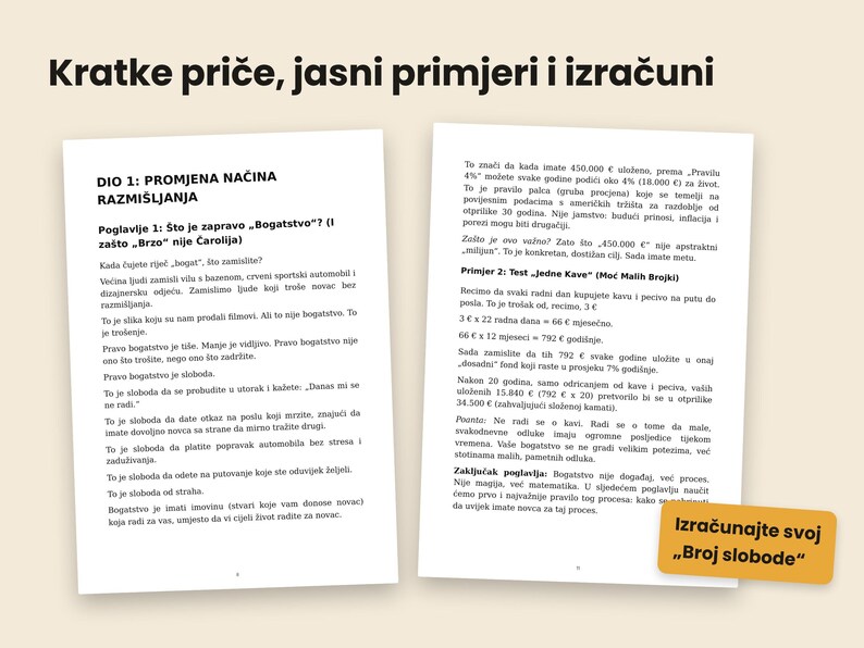 May include: Two white pages of text with the heading Kratke priče, jasni primjeri i izračuni. The left page is titled DIO 1: PROMJENA NAČINA RAZMI&Scaron;LJANJA. The right page includes a yellow box with the text Izračunajte svoj Broj slobode.