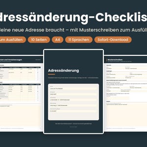 Puede incluir: Un documento de lista de verificación para cambio de dirección titulado Adressänderung-Checkliste. El conjunto incluye diez páginas en formato A4 con formularios rellenables, plantillas de cartas y secciones para gestionar seguros y finanzas.