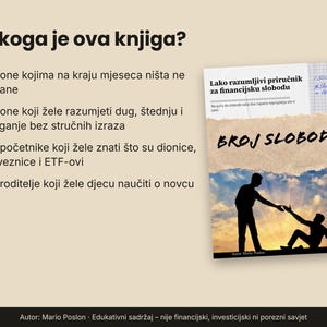 May include: A book titled Broj Slobode with a cover featuring a silhouette of one person helping another against a sunset sky. The text includes Lako razumljivi priručnik za financijsku slobodu and a list of bullet points in Croatian.