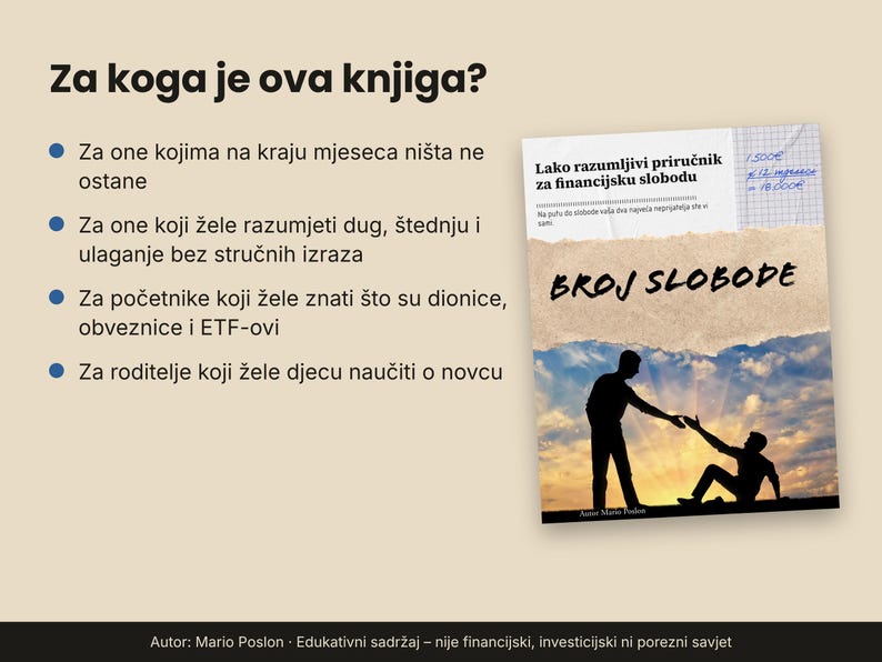 May include: A book titled Broj Slobode with a cover featuring a silhouette of one person helping another against a sunset sky. The text includes Lako razumljivi priručnik za financijsku slobodu and a list of bullet points in Croatian.