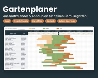 May include: A digital garden planner spreadsheet titled Gartenplaner with a sowing calendar and cultivation plan for vegetable gardens. It features columns for plant varieties and beds, with a color-coded timeline for sowing, planting, and harvesting.