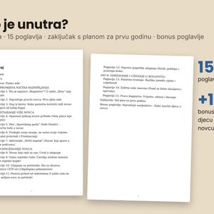 May include: A book table of contents displayed on two white pages against a beige background. The text is in Croatian, titled '&Scaron;to je unutra?' with 4 sections, 15 chapters, a conclusion with a one-year plan, and a bonus chapter about teaching children about money.