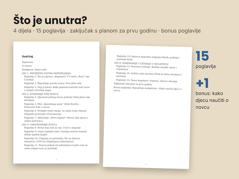 May include: A book table of contents displayed on two white pages against a beige background. The text is in Croatian, titled '&Scaron;to je unutra?' with 4 sections, 15 chapters, a conclusion with a one-year plan, and a bonus chapter about teaching children about money.