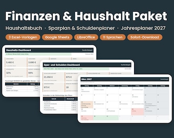 May include: A digital finance and household management bundle featuring a budget book, savings and debt planner, and a 2027 annual planner. The interface displays dashboards for income, expenses, savings, and a monthly calendar view.