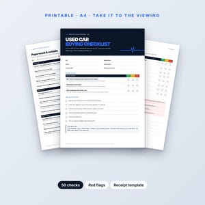 May include: A printable A4 used car buying checklist document featuring a dark blue header with white text, organized sections for vehicle inspection, red flag indicators, and checkboxes for tracking the condition of various car components.