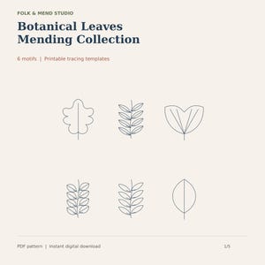 May include: A digital document titled Folk & Mend Studio Botanical Leaves Mending Collection with 6 motifs and printable tracing templates. The page displays six dark blue line-art leaf illustrations arranged in two rows on a light background.
