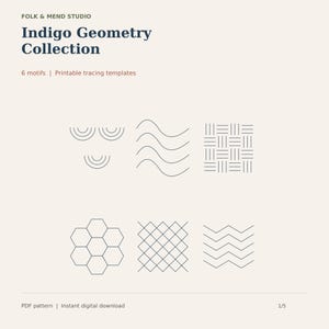 Puede incluir: Colección Indigo Geometry de Folk & Mend Studio con 6 motivos y plantillas de calco imprimibles. El gráfico muestra patrones de líneas azul oscuro que incluyen semicírculos concéntricos, ondas, una cuadrícula, hexágonos, un enrejado de diamantes y zigzags.
