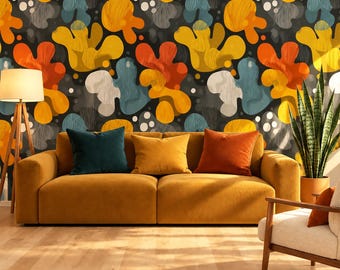 Funky Wallpaper, Mid Century Modern Abstract Pattern in Mustard Yellow, Burnt Orange and Teal