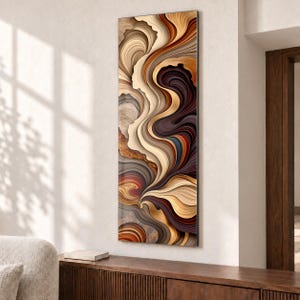May include: A vertical rectangular wall art piece featuring layered, flowing abstract shapes in shades of cream, beige, deep brown, rust, and dark charcoal. The composition displays fluid, wave-like lines that create a sense of depth and movement.