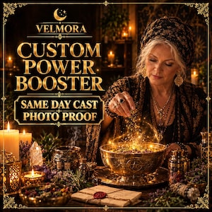 Puede incluir: Un cuenco de metal dorado con un símbolo de pentáculo grabado, rodeado de velas, cristales y hierbas. El texto dice VELMORA CUSTOM POWER BOOSTER SAME DAY CAST PHOTO PROOF. La escena presenta una estética oscura y ornamentada con luz brillante.