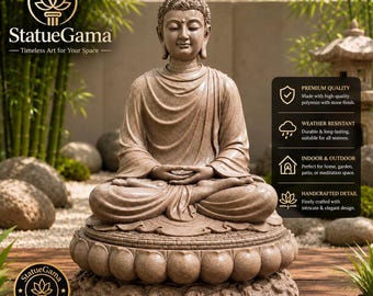 Meditating Buddha Statue, Zen Garden Sculpture, Lotus Pedestal, Peaceful Indoor Outdoor Home Decor