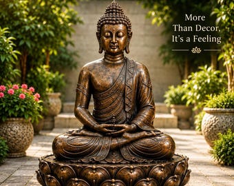 Grande scultura di Buddha in meditazione, decorazione zen in stile bronzo antico, piedistallo a forma di loto sereno