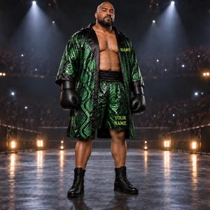 May include: A green and black snakeskin patterned boxing robe and matching shorts set. The robe features black lapels and the text NAME in lime green. The shorts feature the text YOUR NAME in lime green. Black boxing gloves and boots.