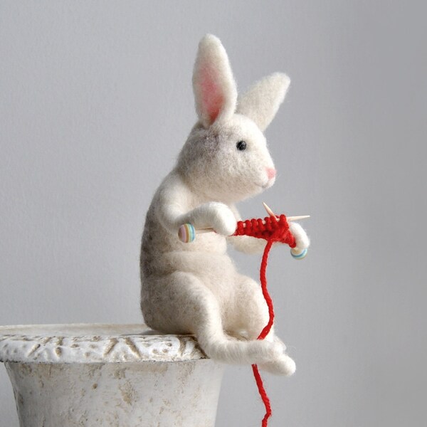 Knitting Bunny, Needle felted Rabbit, Handmade Animal,  Rabbit Doll - READY TO SHIP