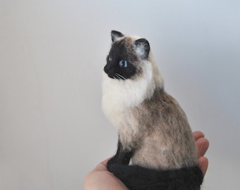 Custom Made Cat, Needle Felted Cat Portrait, Long Haired Siamese Cat or any other breed, will be made from photos - made to order