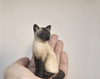 Needle Felted Cat,  SMALL SIZE, Custom Made Pet Sculpture, Needle Felted Siamese Cat Miniature, Commemorative Pet Portrait - made to order