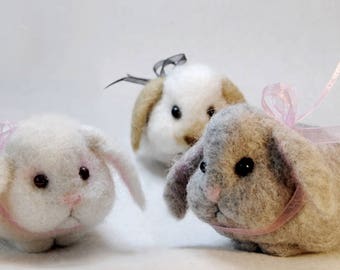 Needle Felted Lop Eared Rabbit, Handmade Bunny;  White, Grey or White & Beige Bunny, Easter Decor, Christmas Stocking Filler - READY TO SHIP