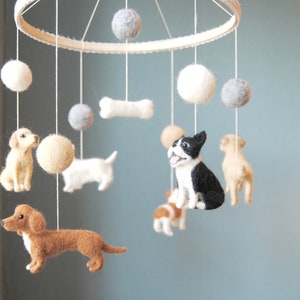 Baby Mobile With 6 Custom Made Dogs and Felt Balls, Needle Felted Dogs, Nursery Decor, Lovely Baby Shower Gift - made to order