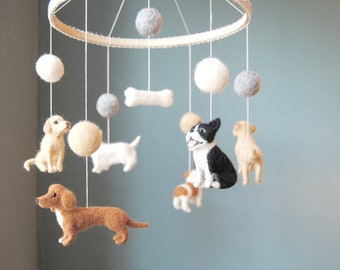 Baby Mobile With 6 Custom Made Dogs and Felt Balls, Needle Felted Dogs, Nursery Decor, Lovely Baby Shower Gift - made to order