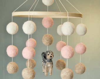 Baby Mobile With 1 Custom Made Pet,  Mobile with 1 Felted Dog, Nursery Decor, Baby Shower Gift - made to order