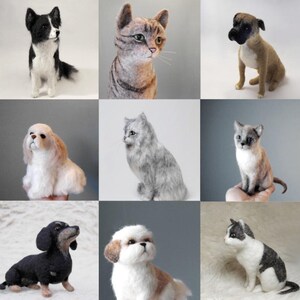 May include: A collection of nine needle-felted animal figurines, including various breeds of dogs and cats. The figures feature realistic textures and colors, showcasing a black and white dog, a tabby cat, a brown boxer, a spaniel, and other pets.