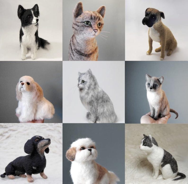 May include: A collection of nine needle-felted animal figurines, including various breeds of dogs and cats. The figures feature realistic textures and colors, showcasing a black and white dog, a tabby cat, a brown boxer, a spaniel, and other pets.