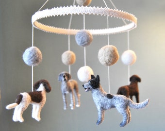 Baby Mobile With 4 Custom Made Dogs and Felt Balls, Needle Felted Dogs, Nursery Decor, Lovely Baby Shower Gift - made to order