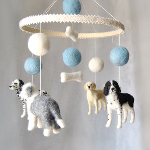 Baby Mobile With 4 Custom Made Dogs and Felt Balls, Needle Felted Dogs, Nursery Decor, Lovely Baby Shower Gift - made to order
