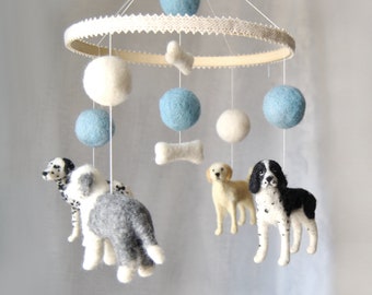 Baby Mobile With 4 Custom Made Dogs and Felt Balls, Needle Felted Dogs, Nursery Decor, Lovely Baby Shower Gift - made to order